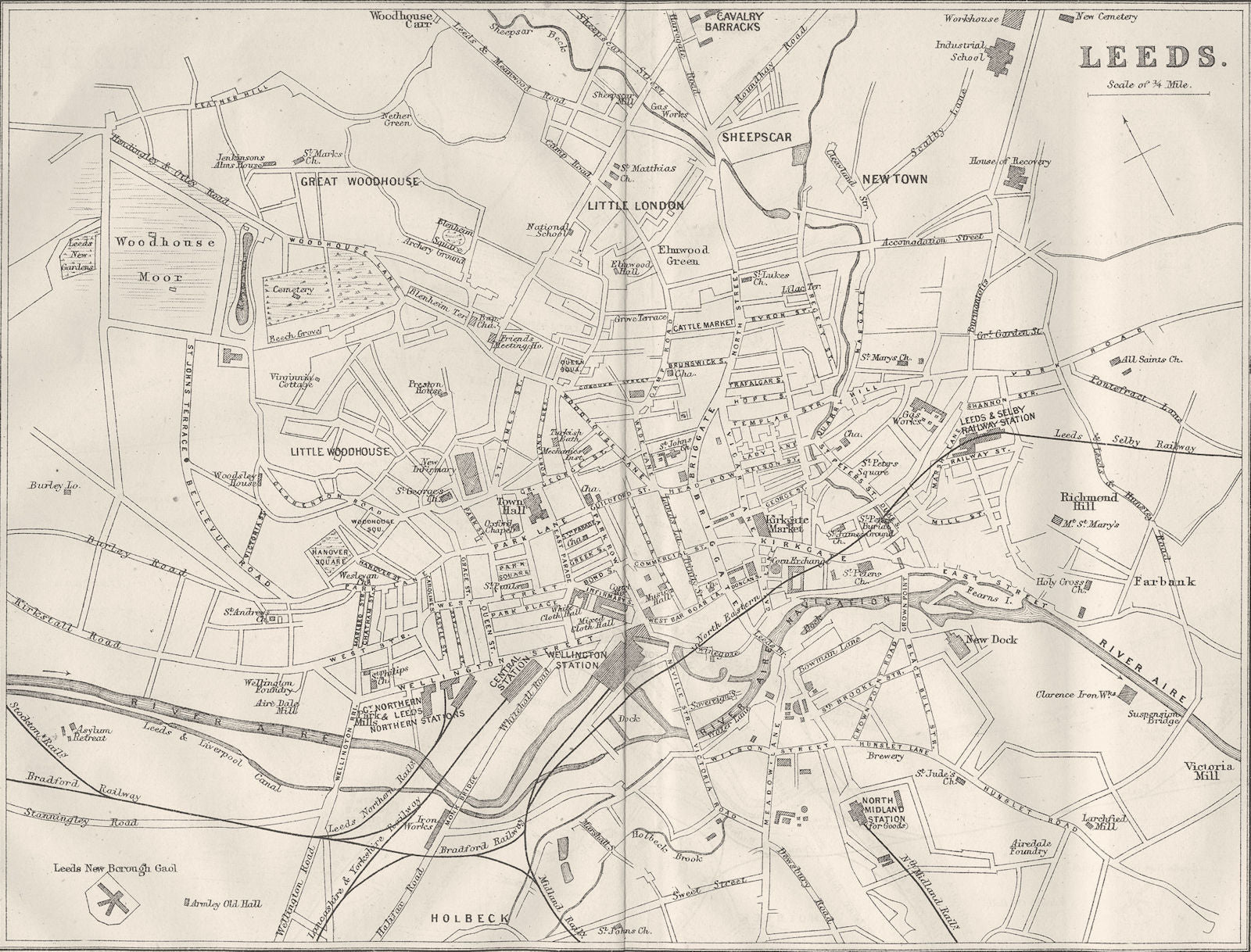 YORKS. Leeds town plan 1874 old antique vintage map chart